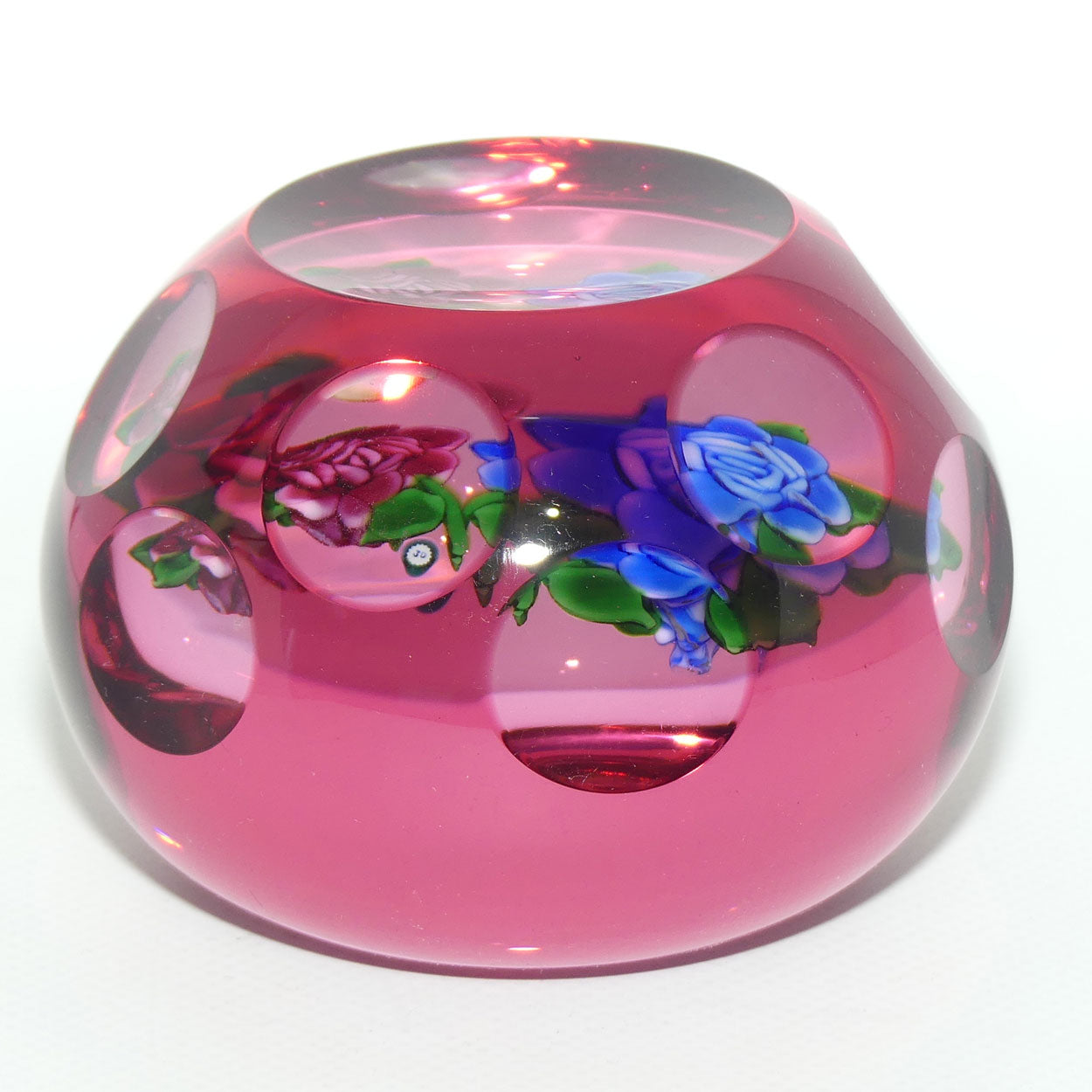 John Deacons Scotland Lampwork Roses with Cranberry Overlay paperweight