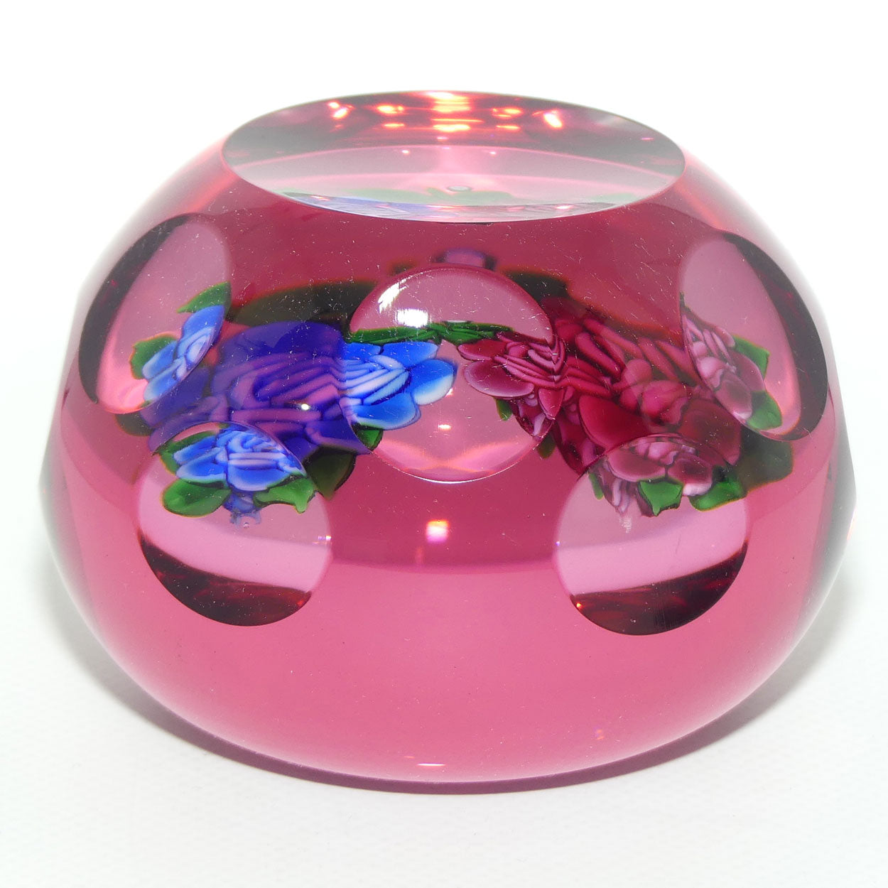John Deacons Scotland Lampwork Roses with Cranberry Overlay paperweight