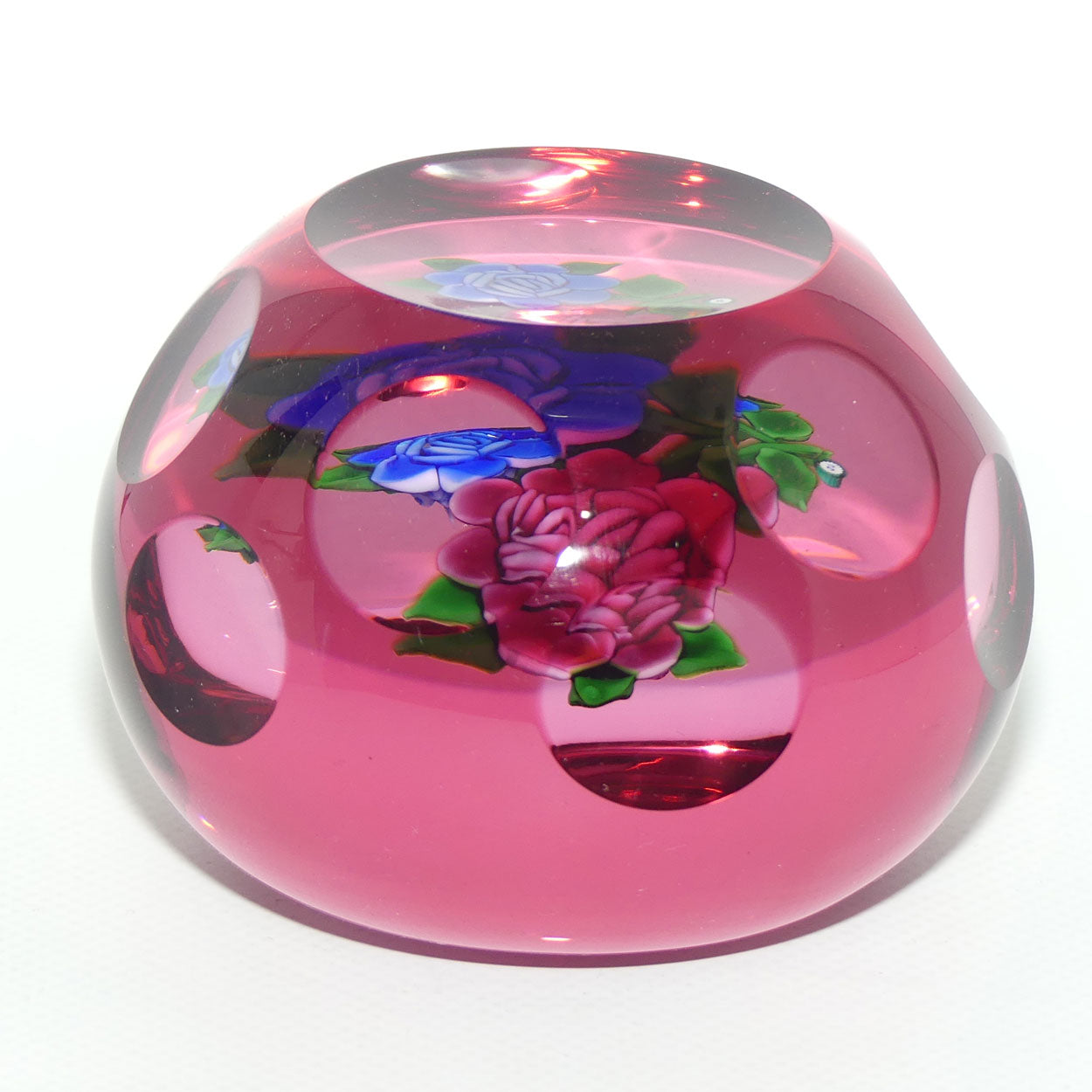 John Deacons Scotland Lampwork Roses with Cranberry Overlay paperweight