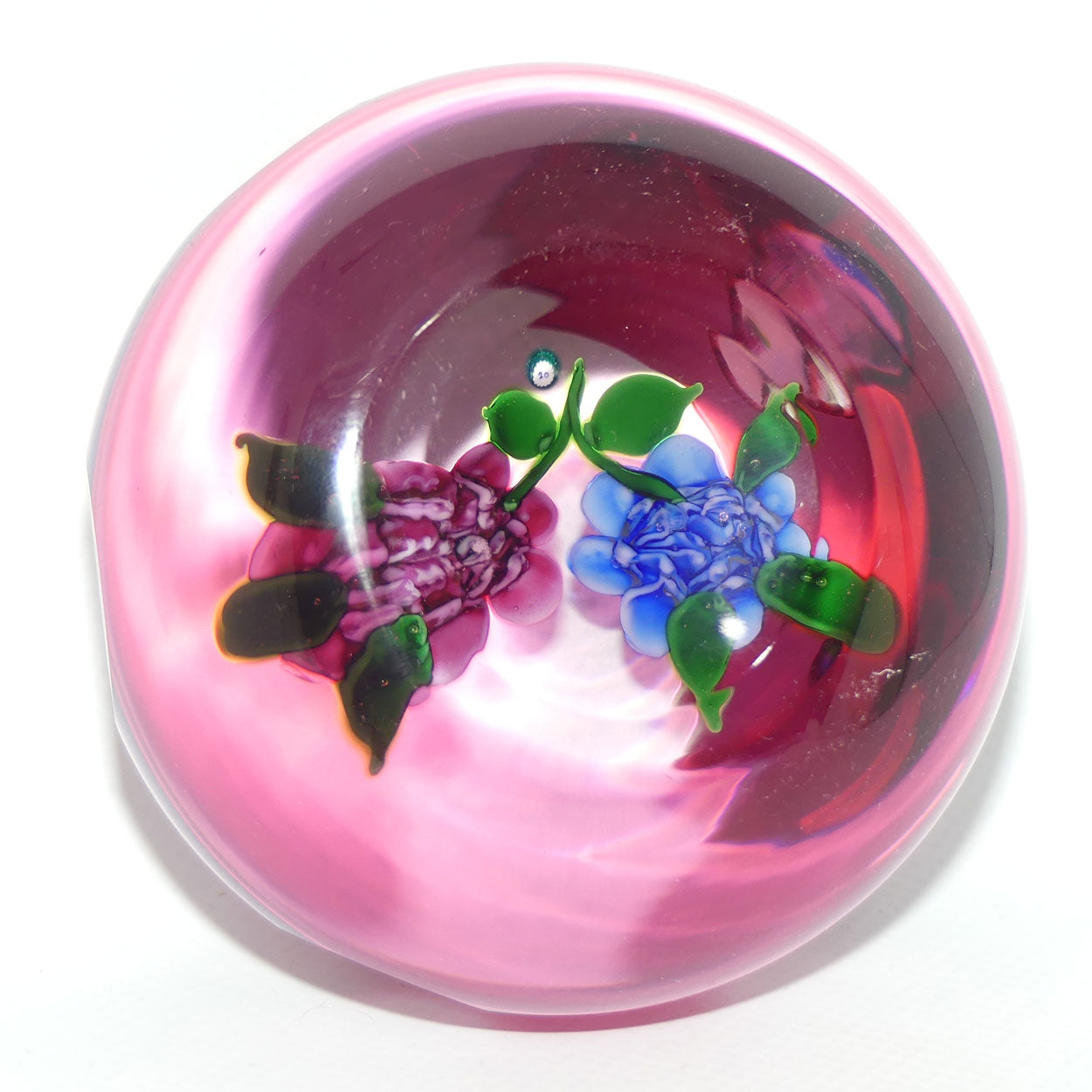 John Deacons Scotland Lampwork Roses with Cranberry Overlay paperweight