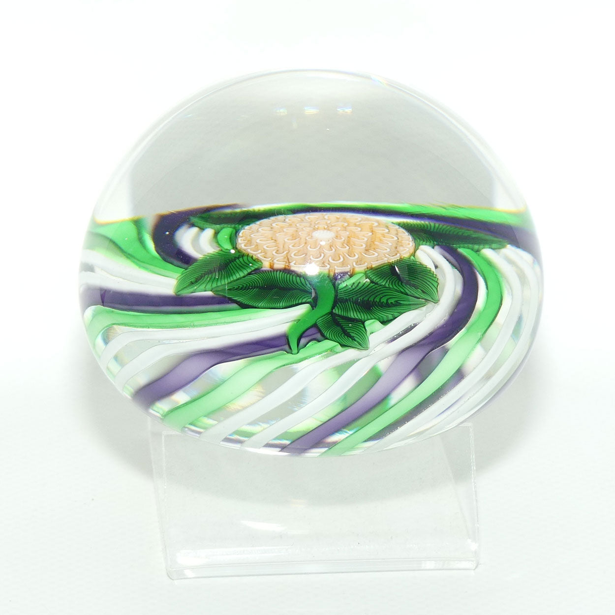 John Deacons Scotland Lampwork Pompom on Swirl Magnum Paperweight