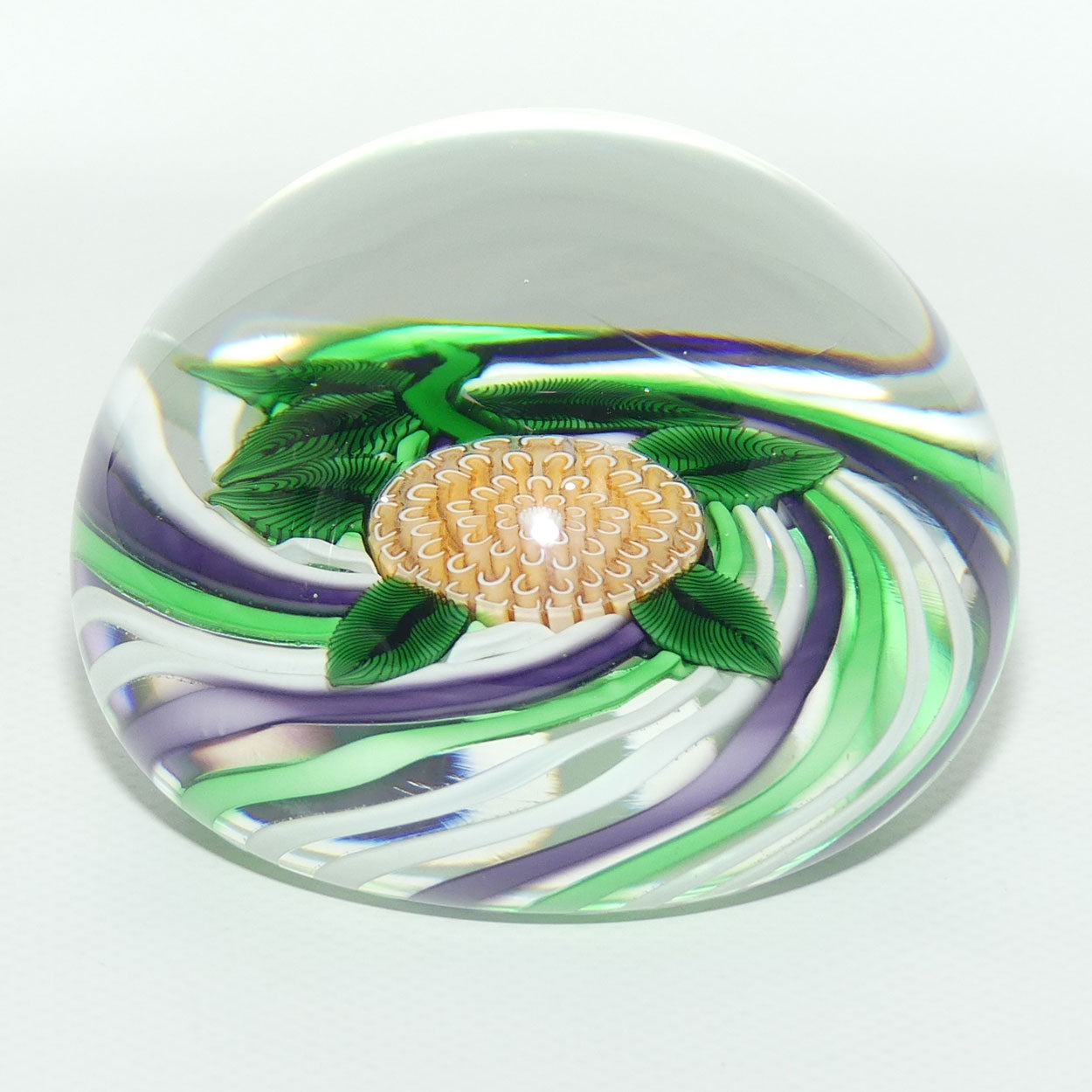 John Deacons Scotland Lampwork Pompom on Swirl Magnum Paperweight