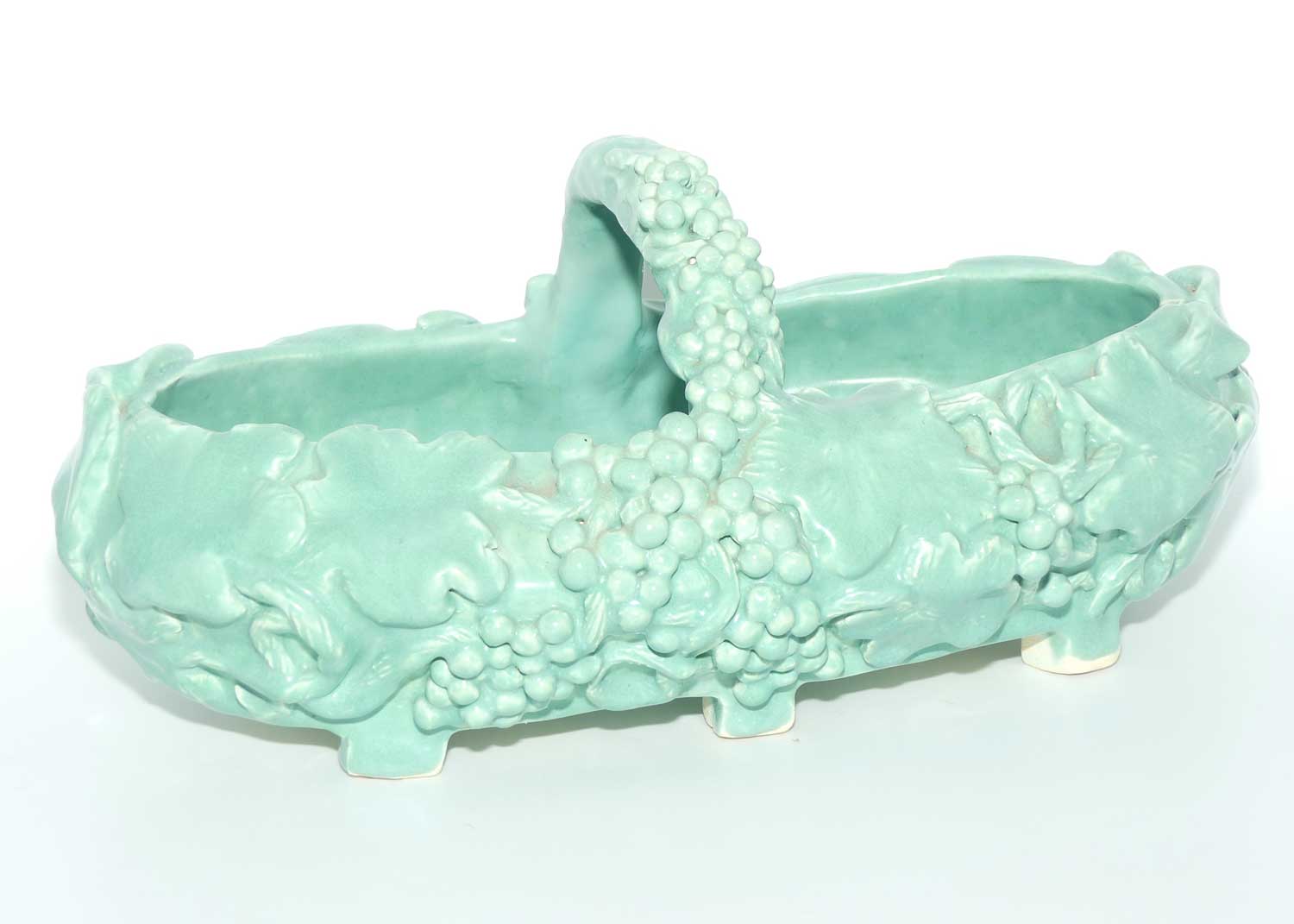 Early Australian Pottery hand built basket decorated with Grapes and Vine signed M Mc D | Celadon Glaze