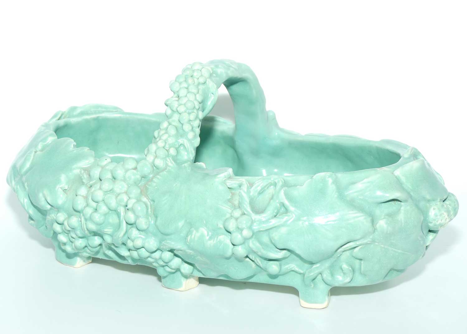 Early Australian Pottery hand built basket decorated with Grapes and Vine signed M Mc D | Celadon Glaze