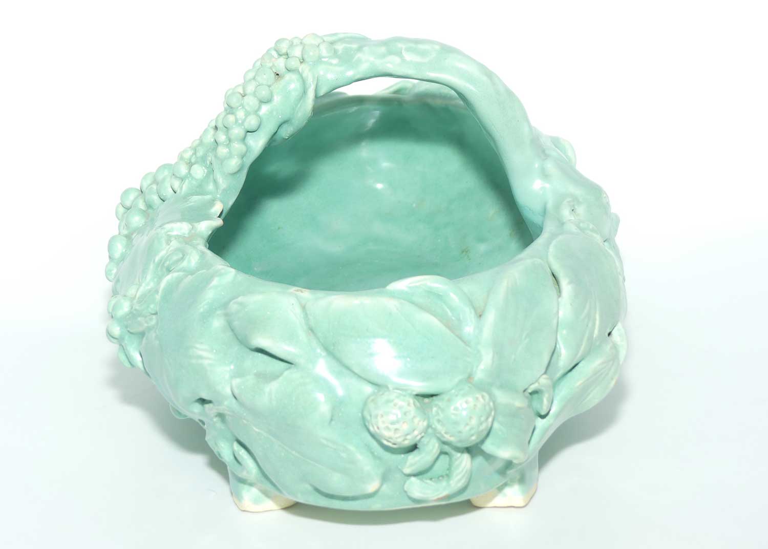 Early Australian Pottery hand built basket decorated with Grapes and Vine signed M Mc D | Celadon Glaze
