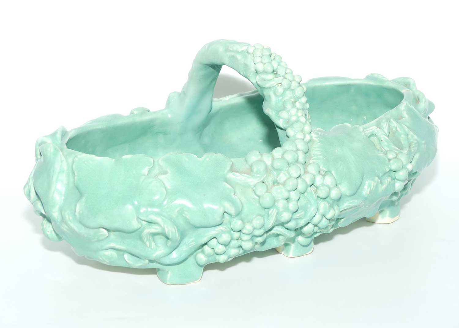 Early Australian Pottery hand built basket decorated with Grapes and Vine signed M Mc D | Celadon Glaze