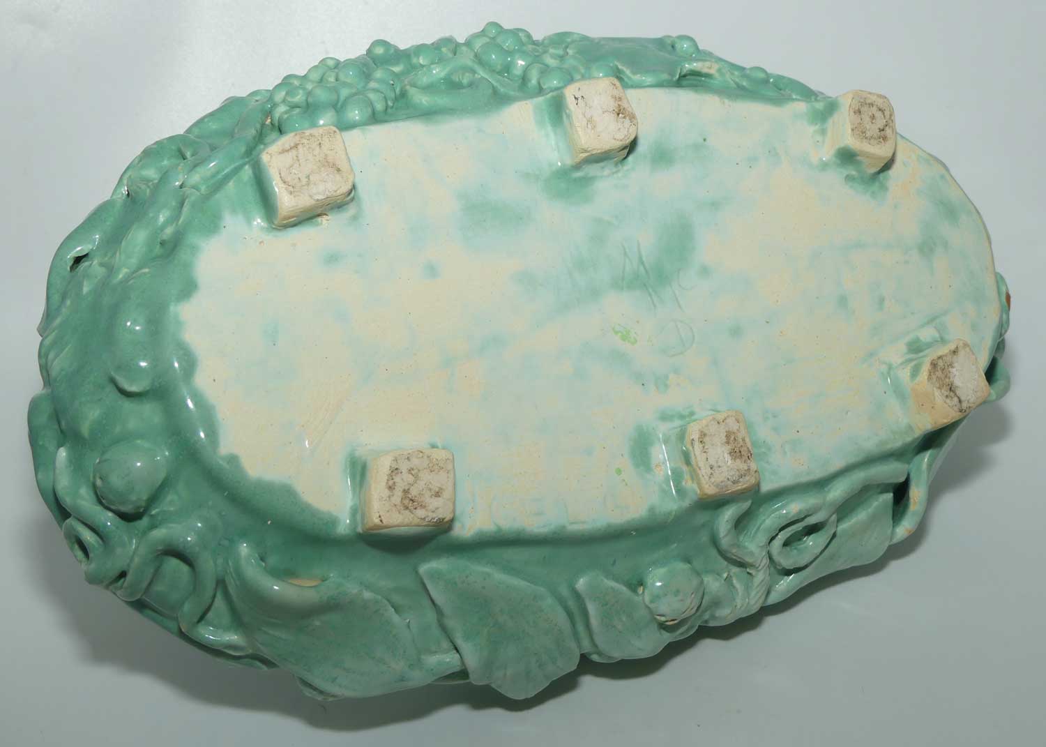 Early Australian Pottery hand built basket decorated with Grapes and Vine signed M Mc D | Celadon Glaze