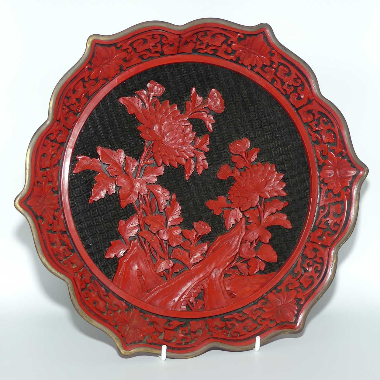 Large early 20th Century Chinese Hand Carved Red On Black Cinnabar plaque with brass surround
