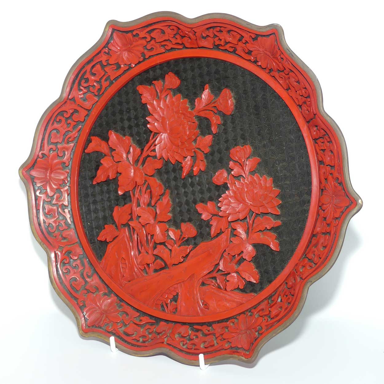 Large early 20th Century Chinese Hand Carved Red On Black Cinnabar plaque with brass surround