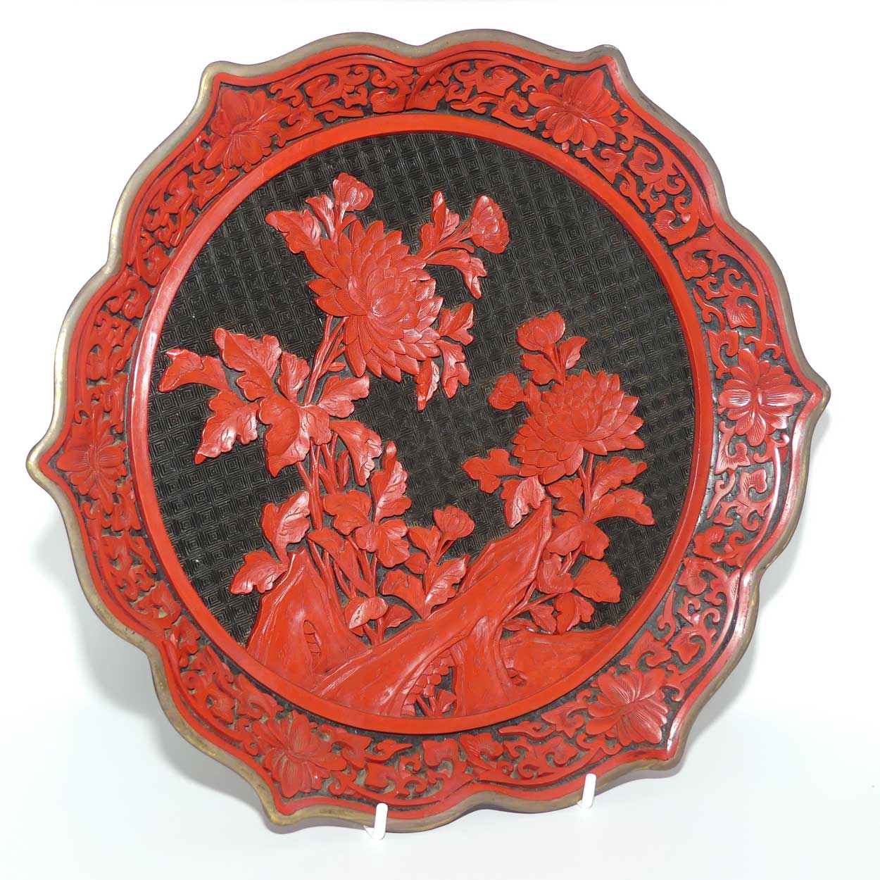 Large early 20th Century Chinese Hand Carved Red On Black Cinnabar plaque with brass surround