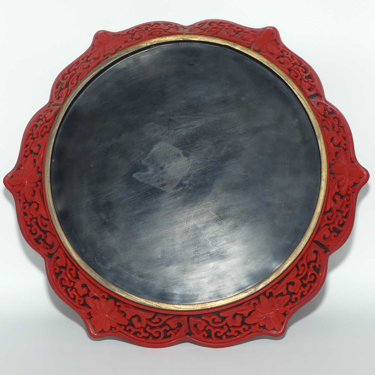 Large early 20th Century Chinese Hand Carved Red On Black Cinnabar plaque with brass surround