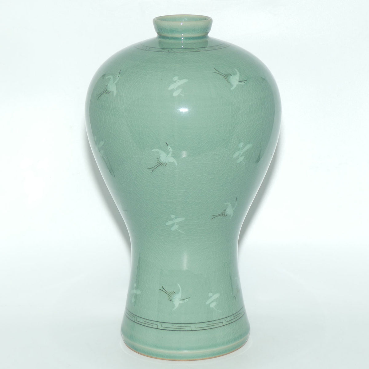Vintage Chinese Celadon Glaze vase | Decorated with Cranes in Flight