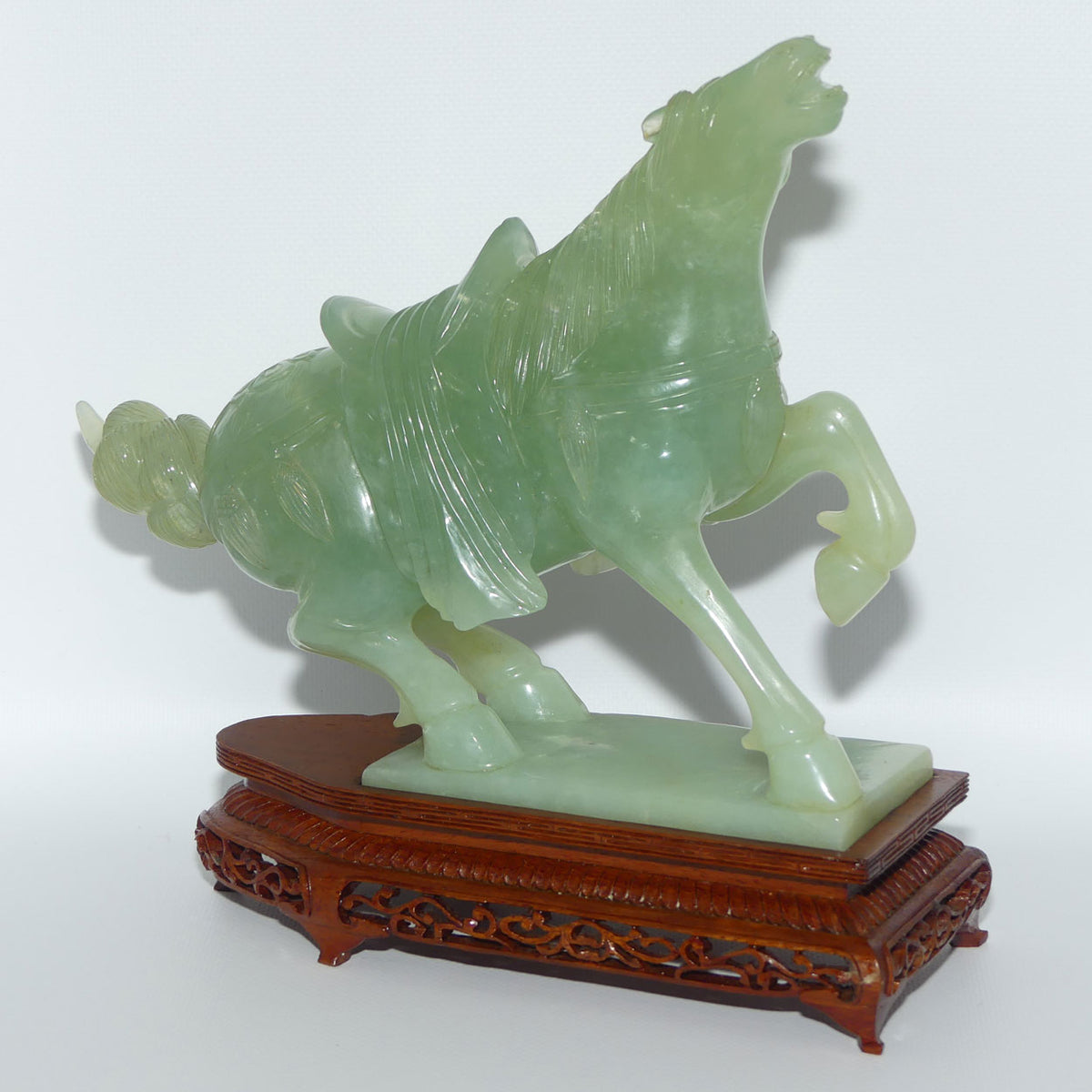 Early to Mid 20th Century Chinese Green Jade Warrior Horse on Wooden base