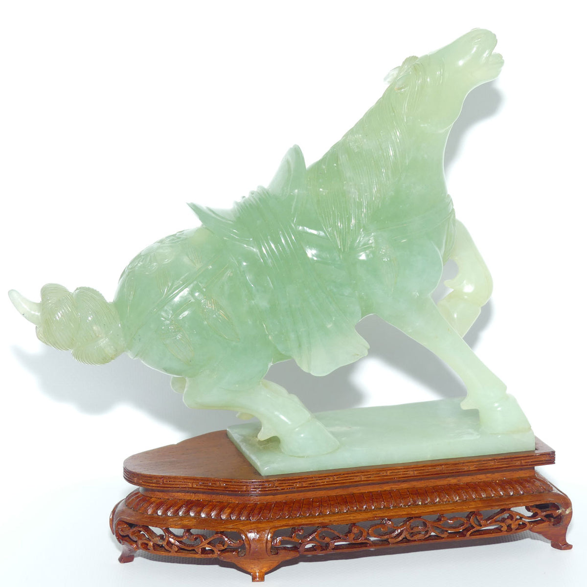 Early to Mid 20th Century Chinese Green Jade Warrior Horse on Wooden base