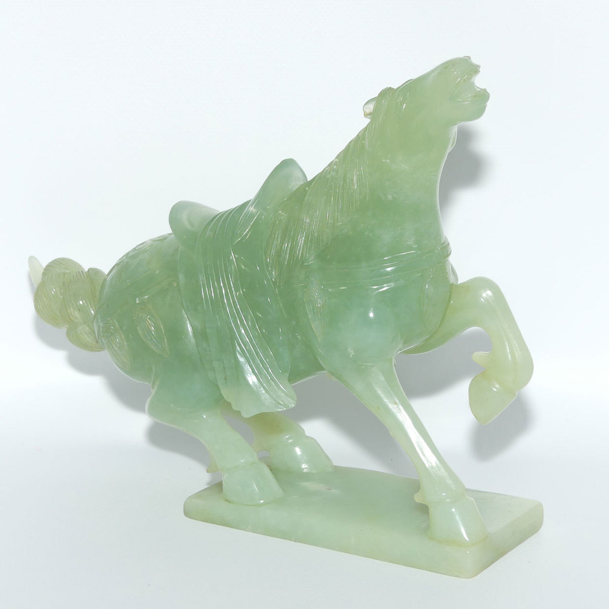 Early to Mid 20th Century Chinese Green Jade Warrior Horse on Wooden base
