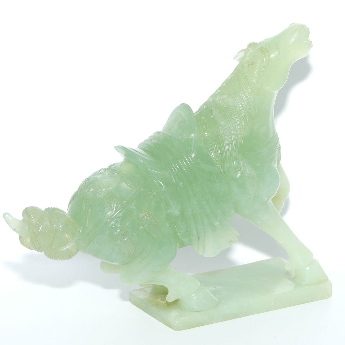 Early to Mid 20th Century Chinese Green Jade Warrior Horse on Wooden base