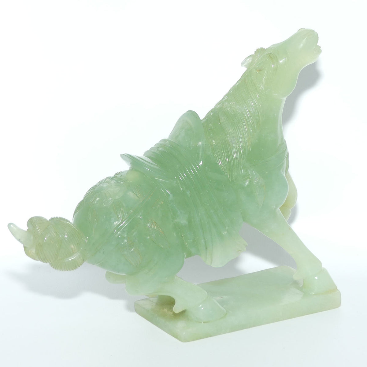 Early to Mid 20th Century Chinese Green Jade Warrior Horse on Wooden base