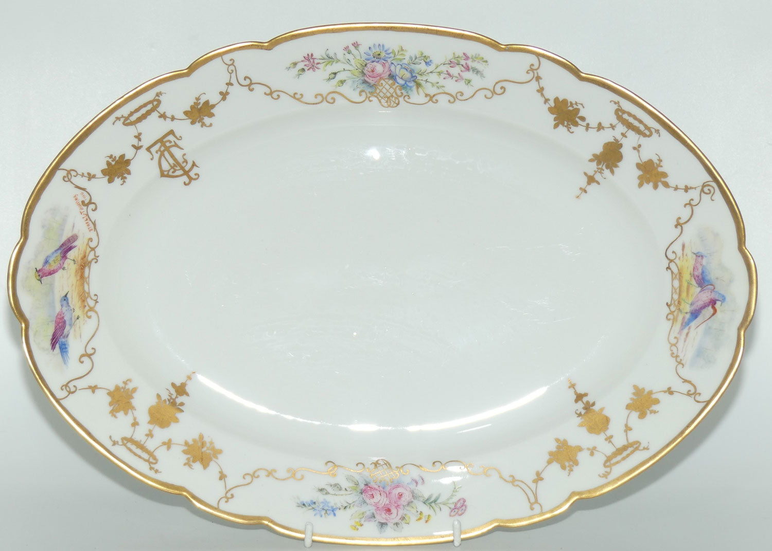 Early Australian China Painted large meat platter decorated with Birds | 39cm | by Ethel L Thomas 1910