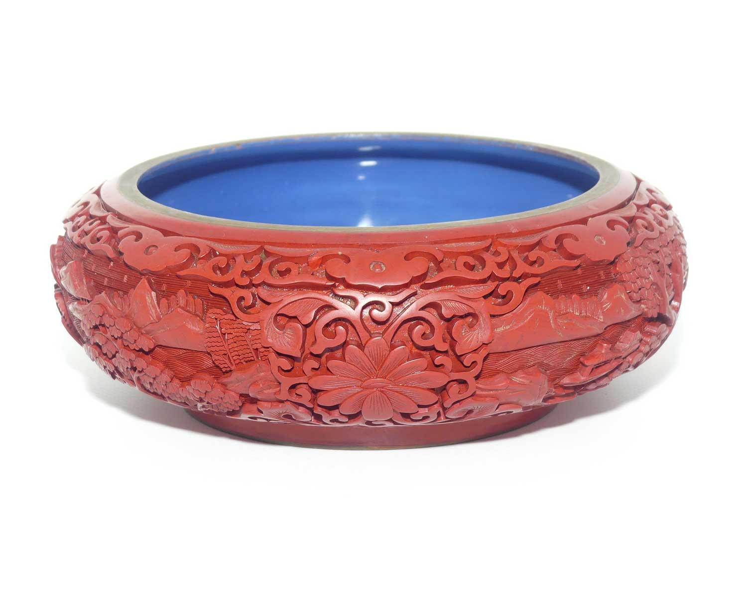 Large early 20th Century Chinese Hand Carved Red Cinnabar bowl with brass surround