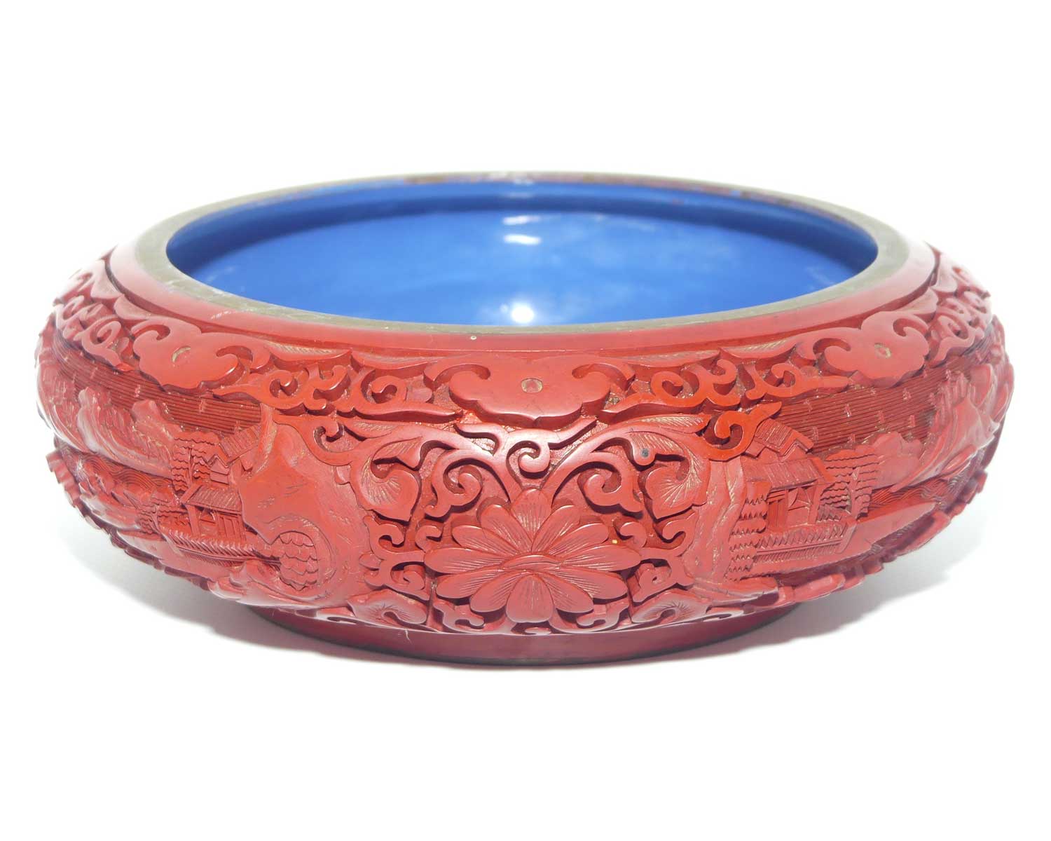 Large early 20th Century Chinese Hand Carved Red Cinnabar bowl with brass surround