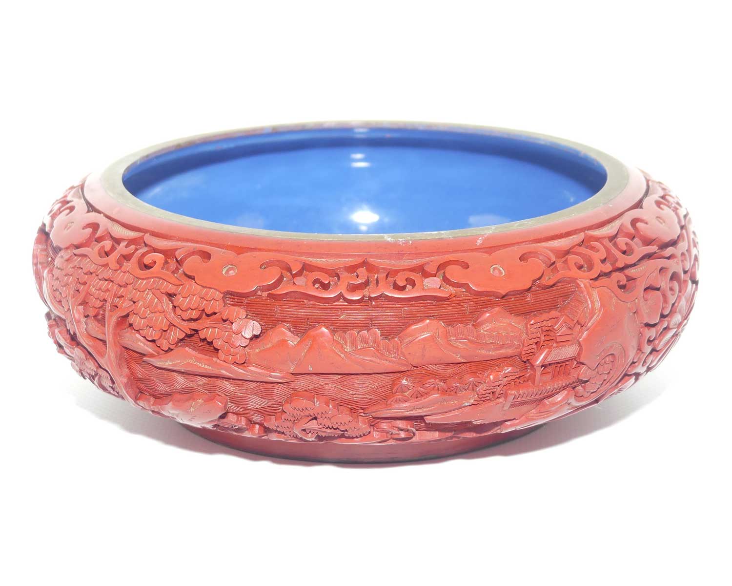 Large early 20th Century Chinese Hand Carved Red Cinnabar bowl with brass surround