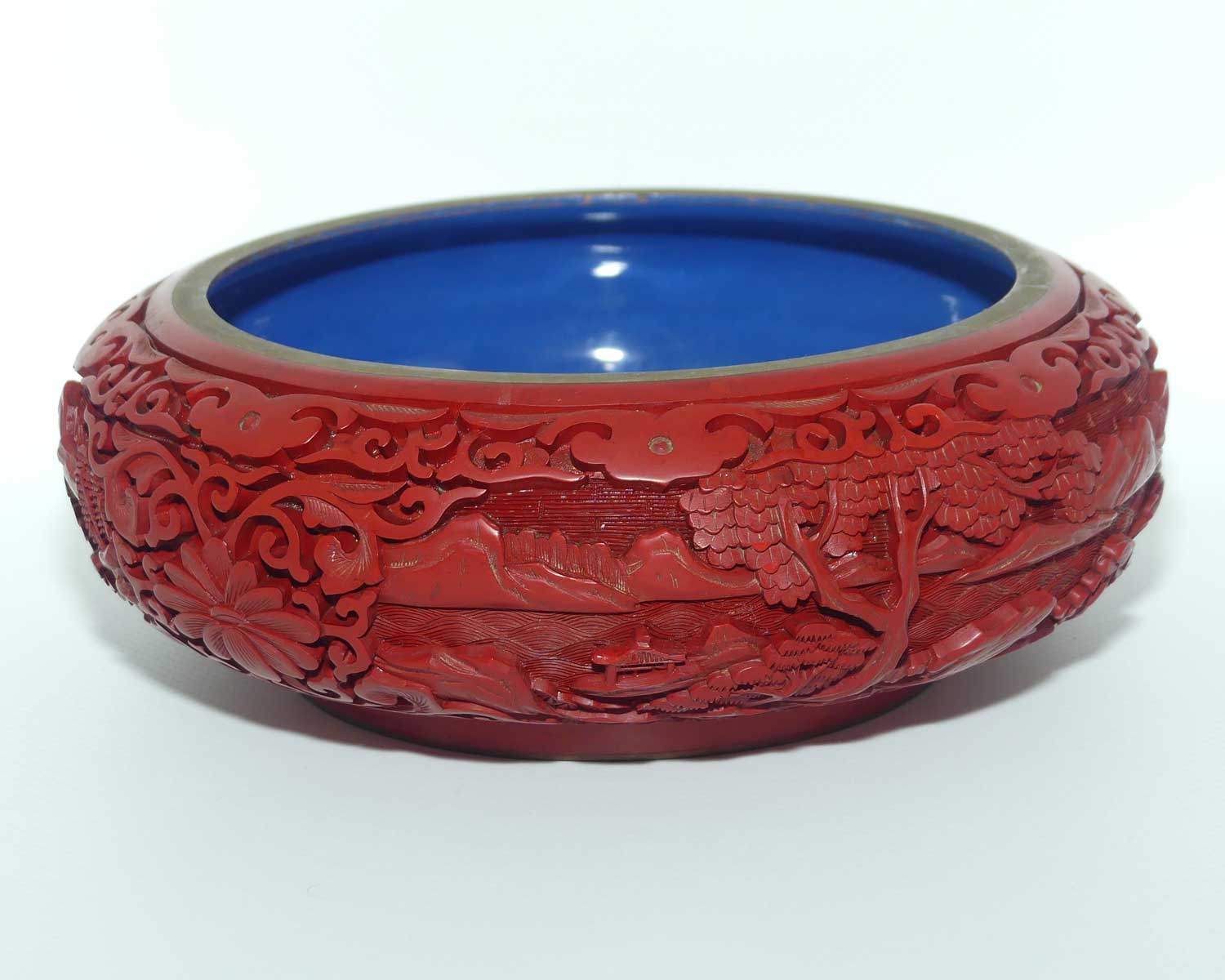 Large early 20th Century Chinese Hand Carved Red Cinnabar bowl with brass surround