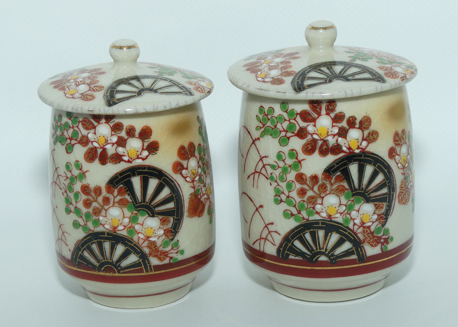 Pair of Oriental Waterwheel and Cherry Blossom decorated pots
