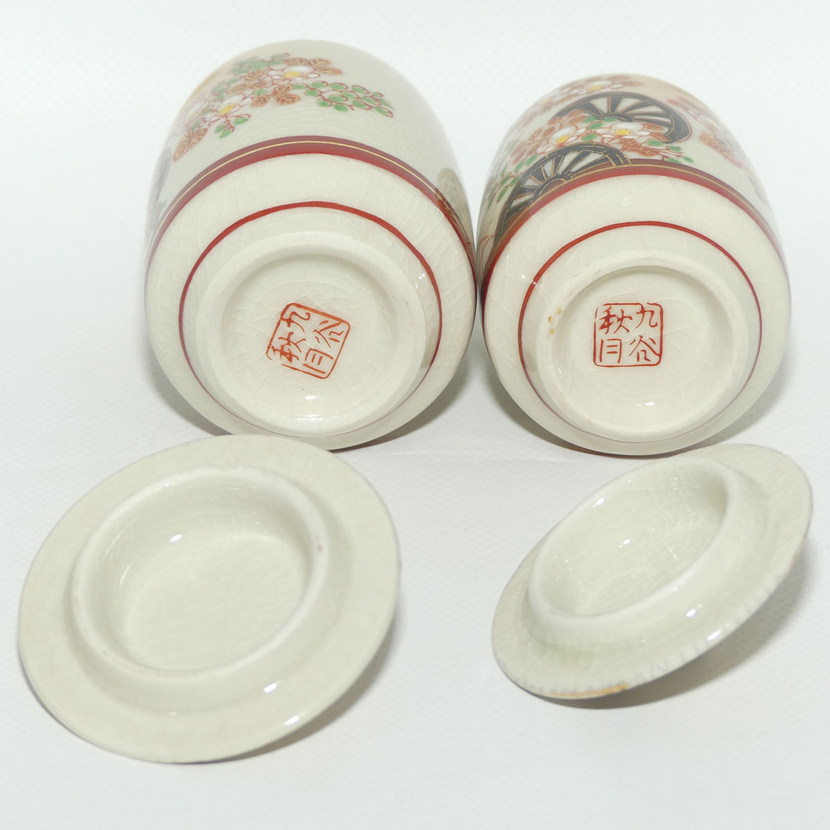 Pair of Oriental Waterwheel and Cherry Blossom decorated pots