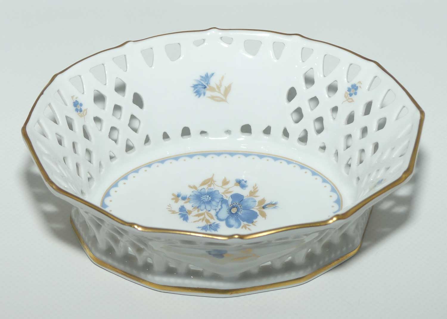 Schumann Arzberg Bavaria lattice basket | Blue Floral and Gilt