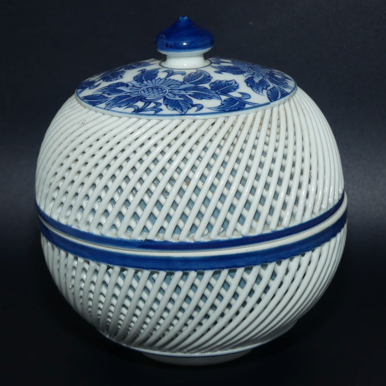 Japanese Hasami Ware Blue Floral lidded bowl