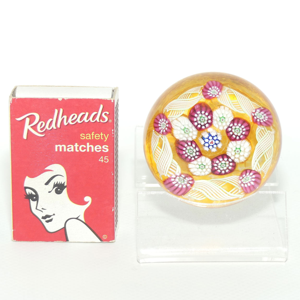 John Deacons Scotland Complex Latticino Garland miniature paperweight | Amber