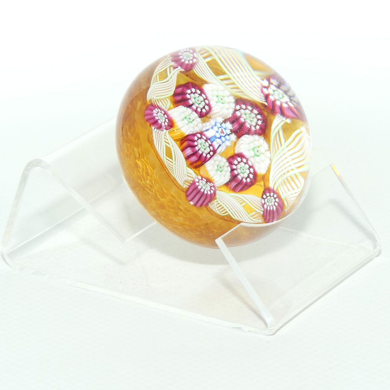 John Deacons Scotland Complex Latticino Garland miniature paperweight | Amber