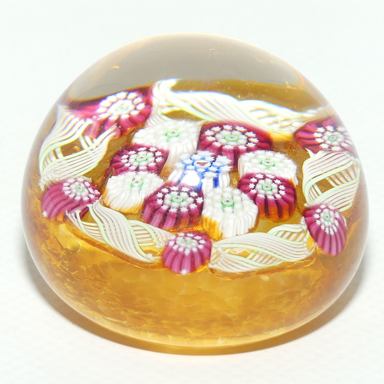 John Deacons Scotland Complex Latticino Garland miniature paperweight | Amber