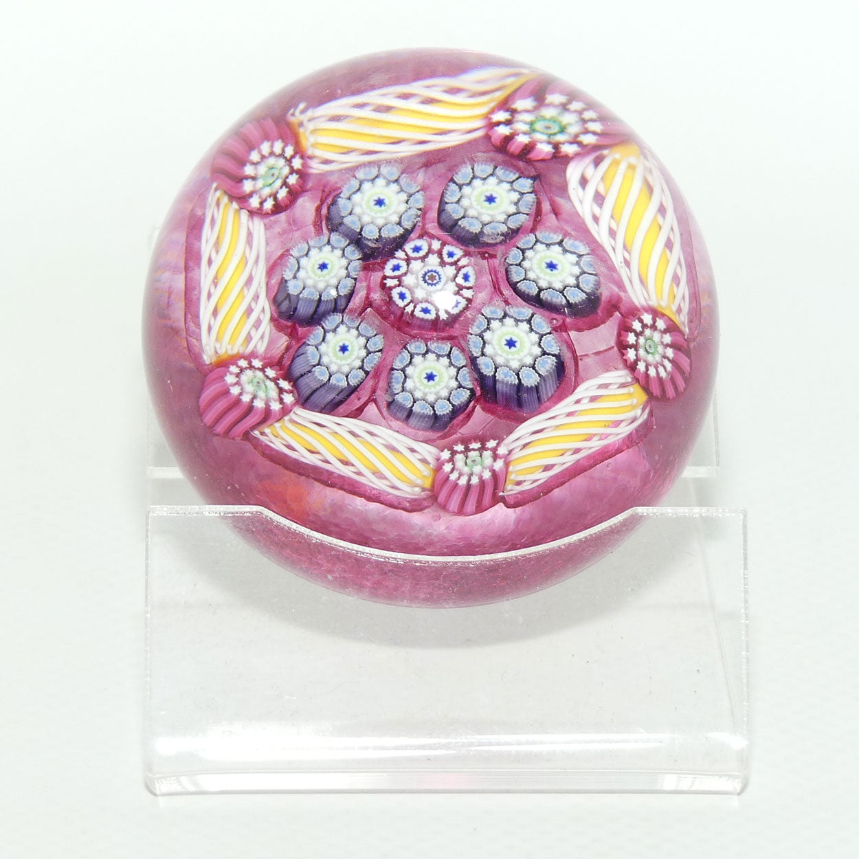 John Deacons Scotland Complex Latticino Garland miniature paperweight | Cranberry