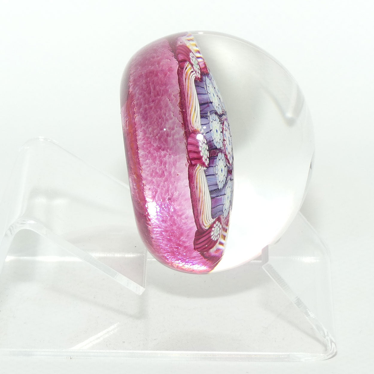 John Deacons Scotland Complex Latticino Garland miniature paperweight | Cranberry