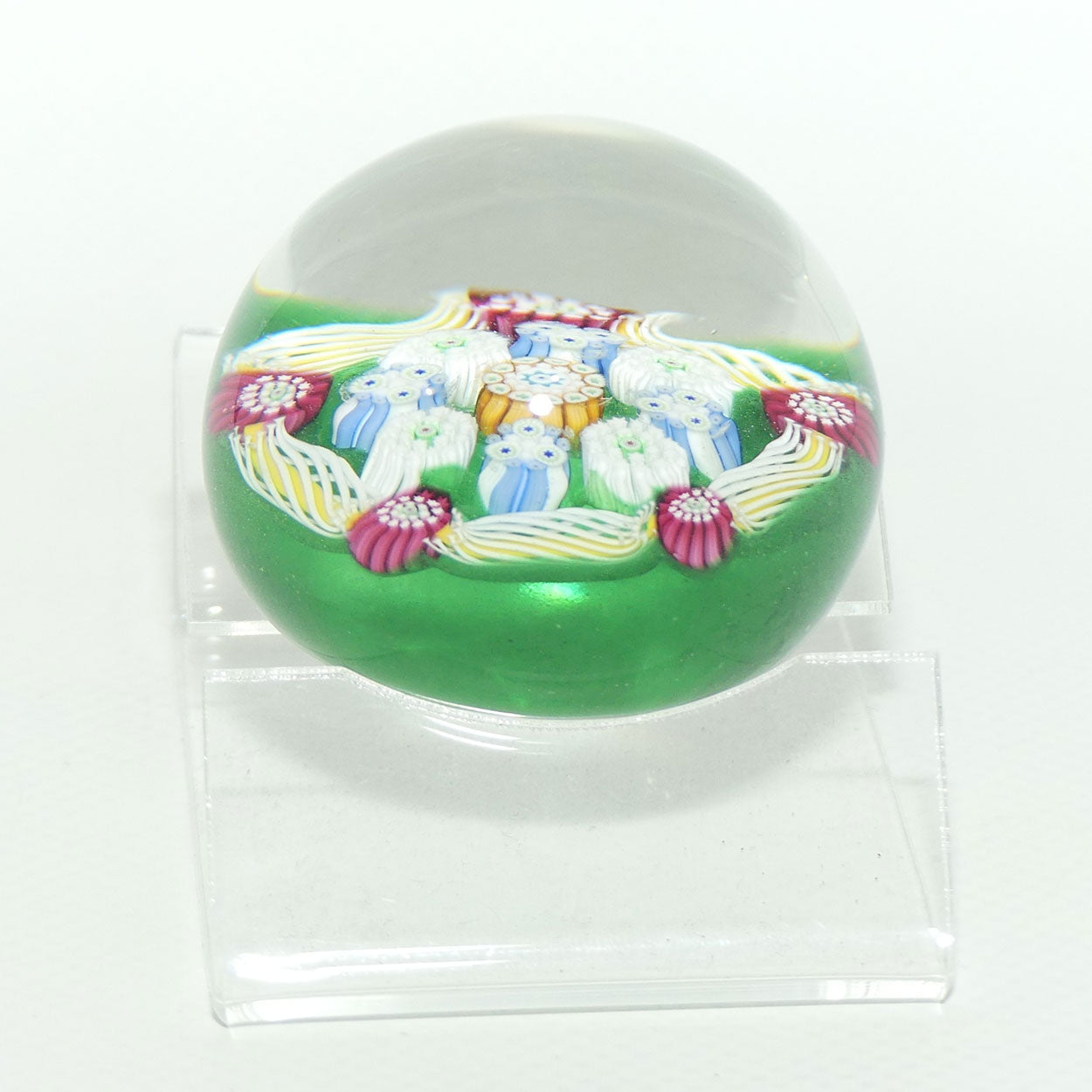 John Deacons Scotland Complex Latticino Garland miniature paperweight | Emerald