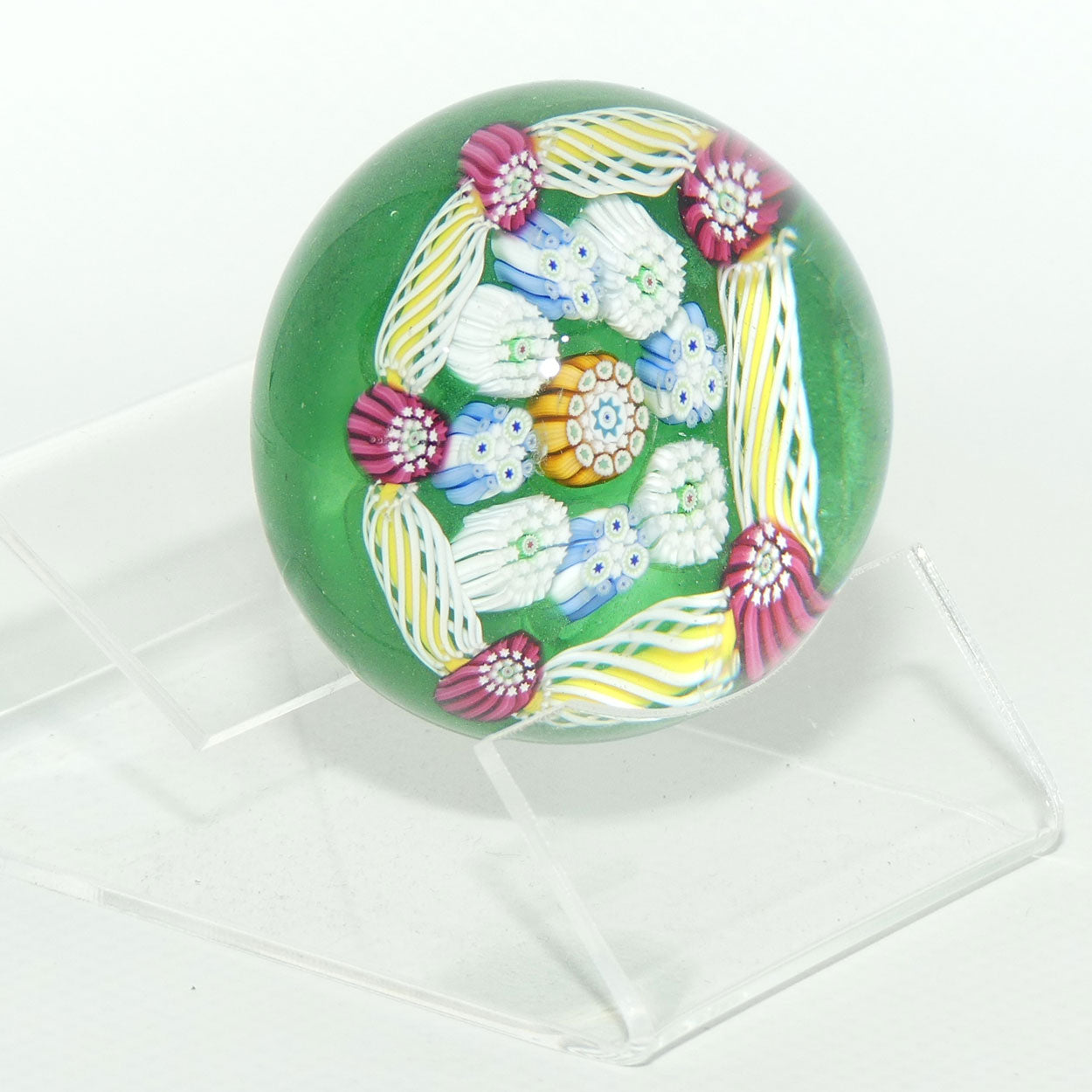 John Deacons Scotland Complex Latticino Garland miniature paperweight | Emerald