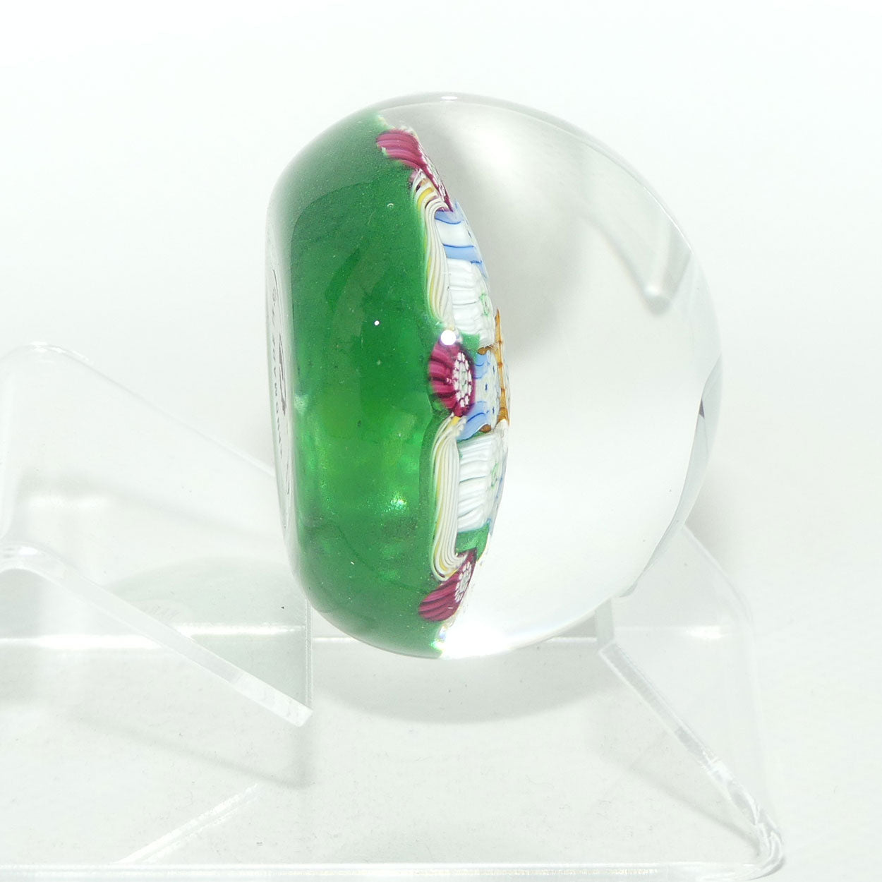 John Deacons Scotland Complex Latticino Garland miniature paperweight | Emerald