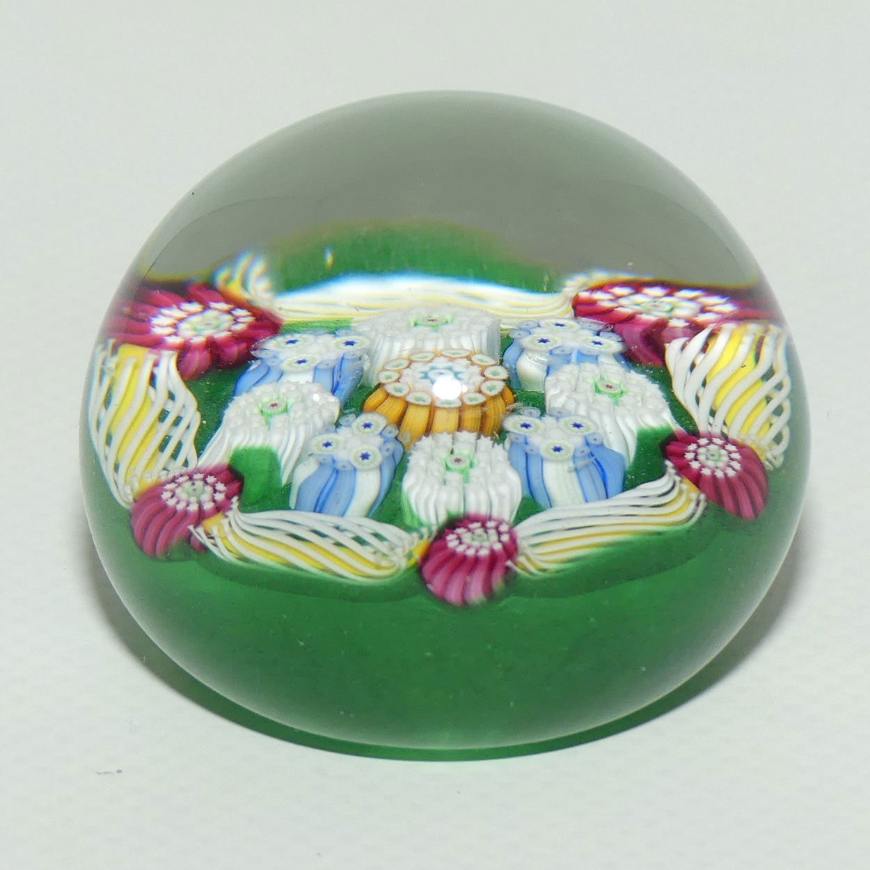 John Deacons Scotland Complex Latticino Garland miniature paperweight | Emerald