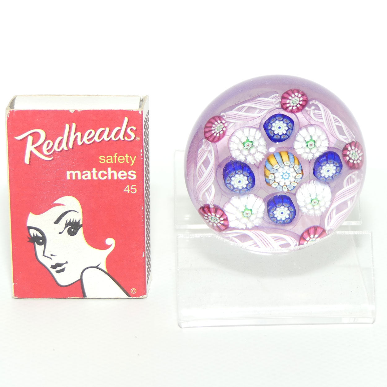 John Deacons Scotland Complex Latticino Garland miniature paperweight | Lavender