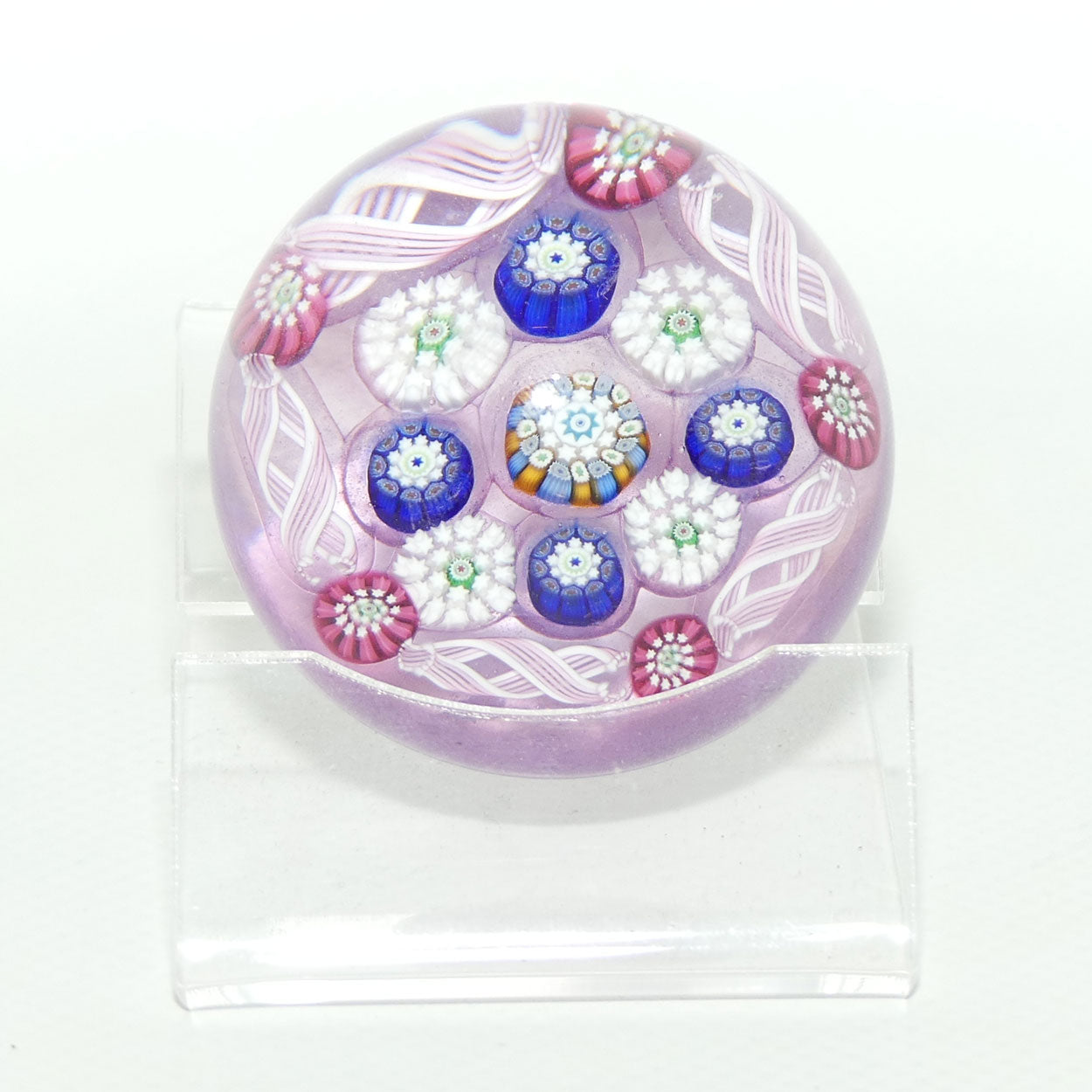 John Deacons Scotland Complex Latticino Garland miniature paperweight | Lavender