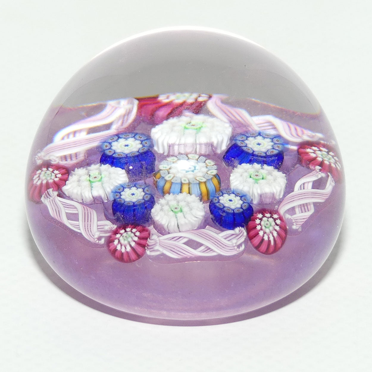 John Deacons Scotland Complex Latticino Garland miniature paperweight | Lavender