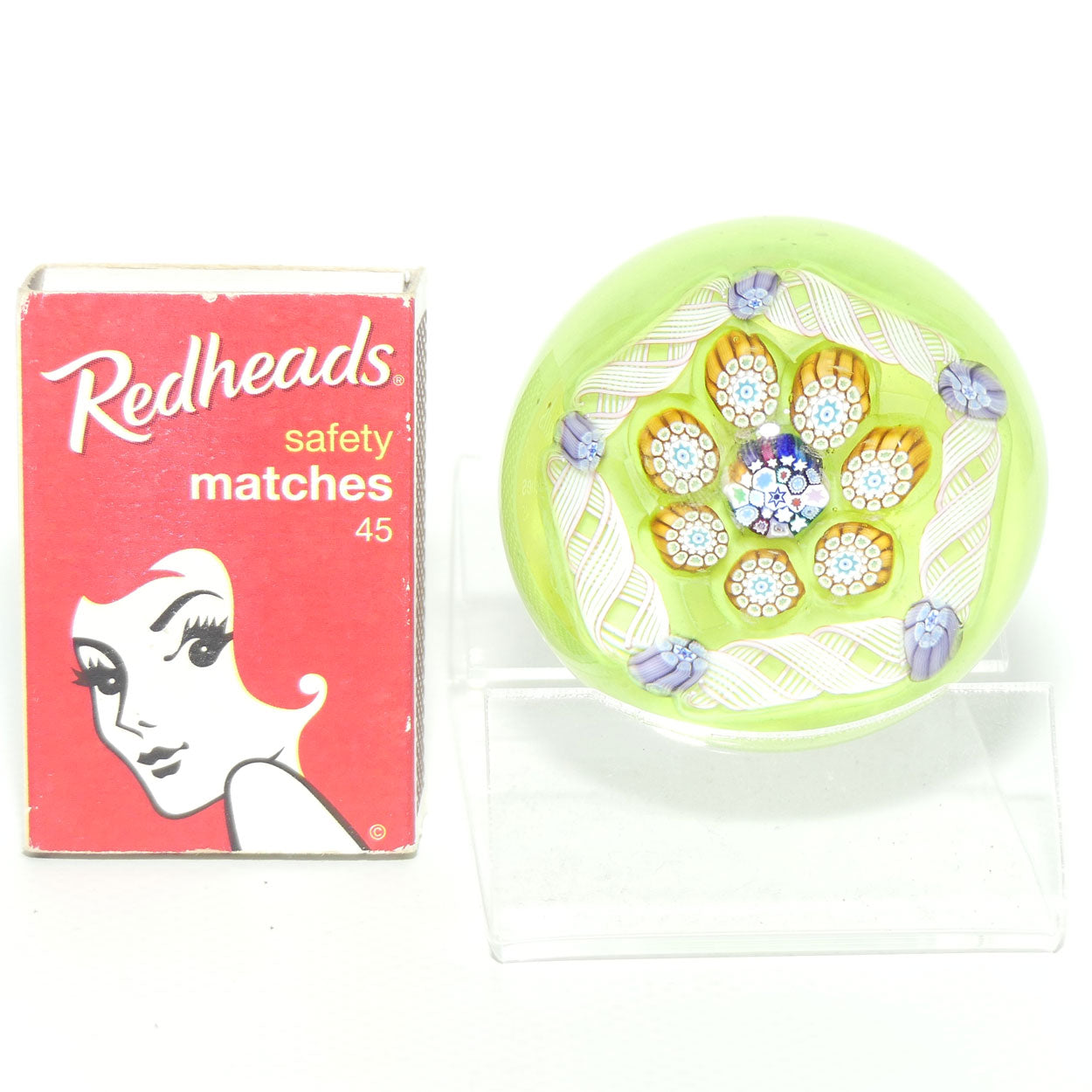 John Deacons Scotland Complex Latticino Garland miniature paperweight | Lime