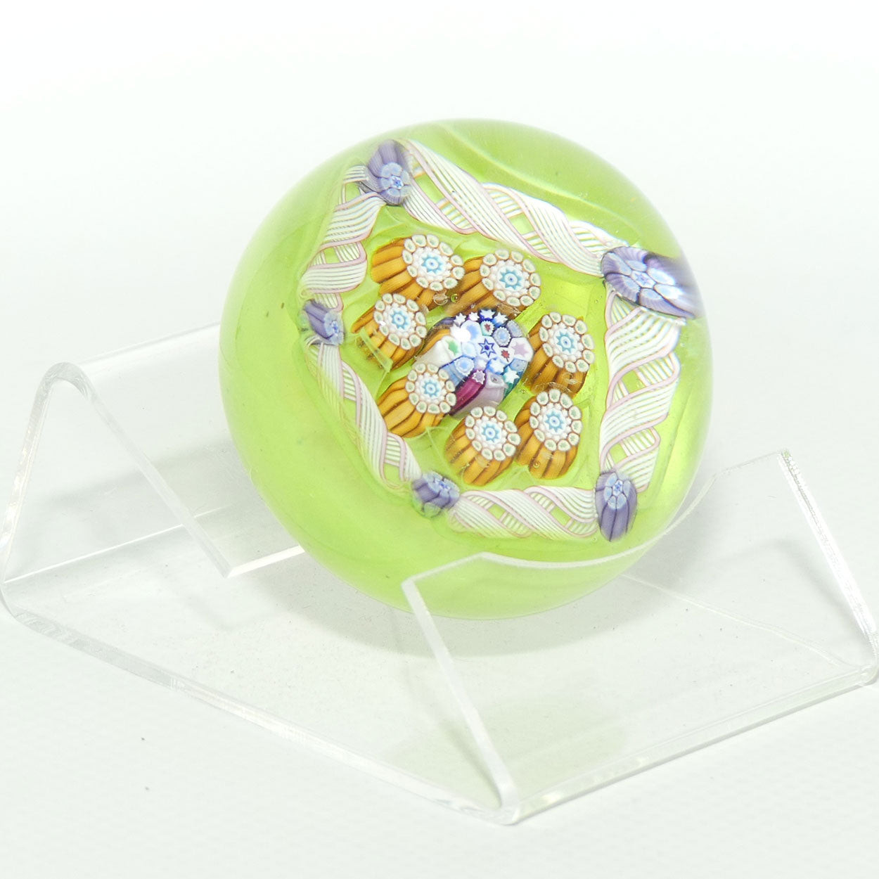 John Deacons Scotland Complex Latticino Garland miniature paperweight | Lime