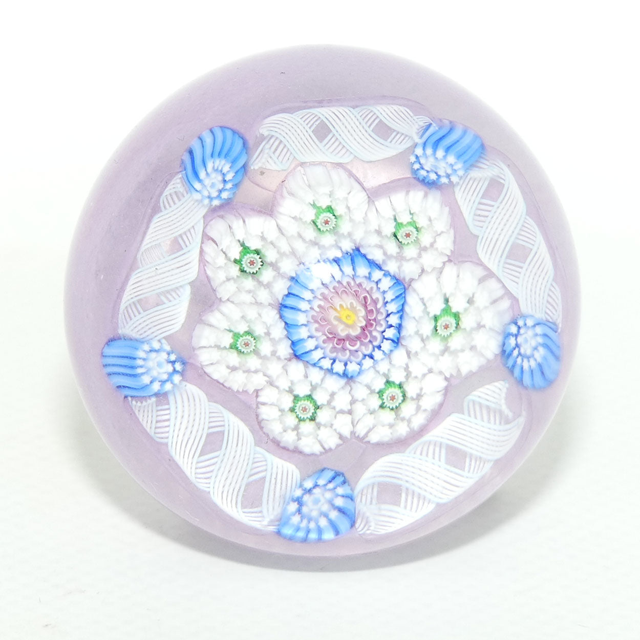 John Deacons Scotland Complex Latticino Garland miniature paperweight | Mauve