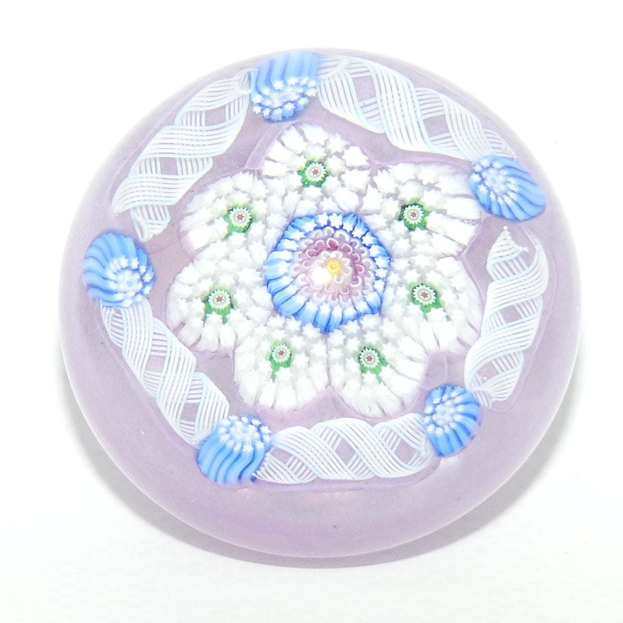 John Deacons Scotland Complex Latticino Garland miniature paperweight | Mauve