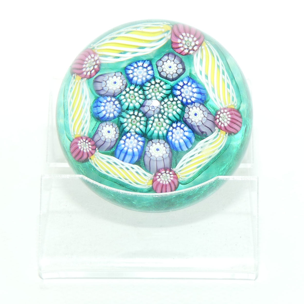 John Deacons Scotland Complex Latticino Garland miniature paperweight | Peacock