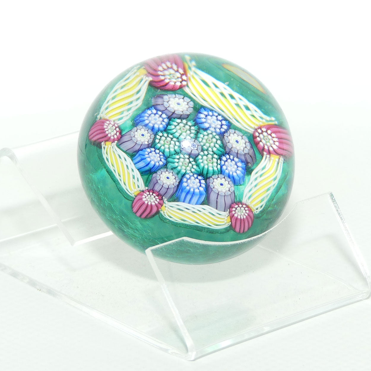John Deacons Scotland Complex Latticino Garland miniature paperweight | Peacock