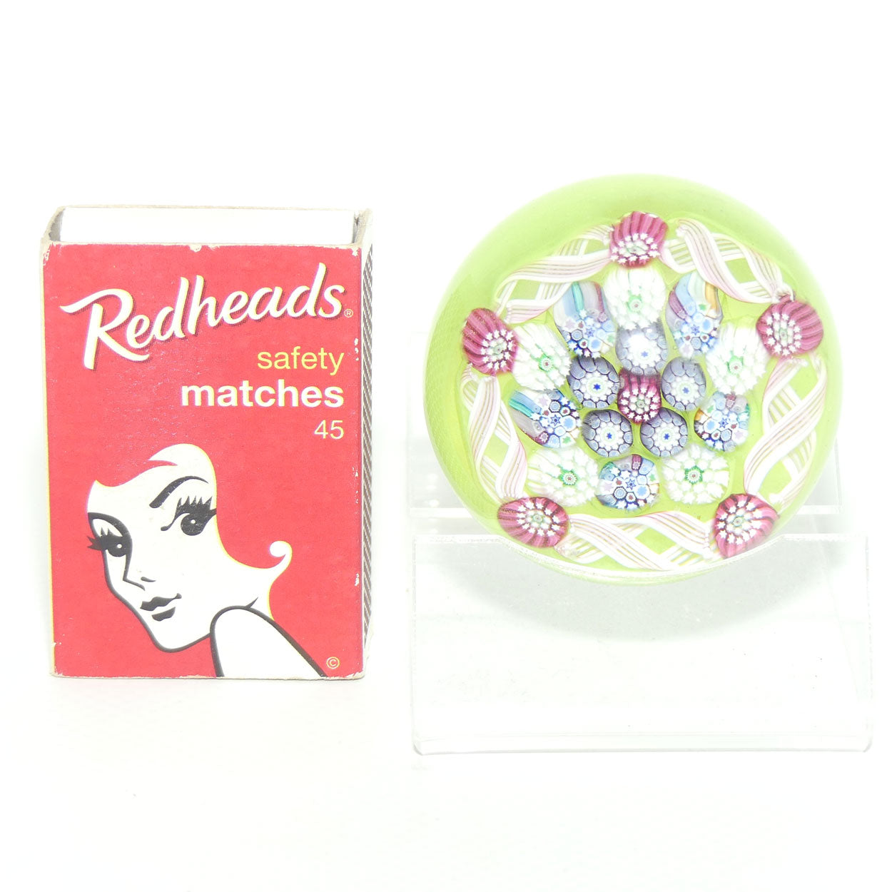 John Deacons Scotland Complex Latticino Garland miniature paperweight | Pear