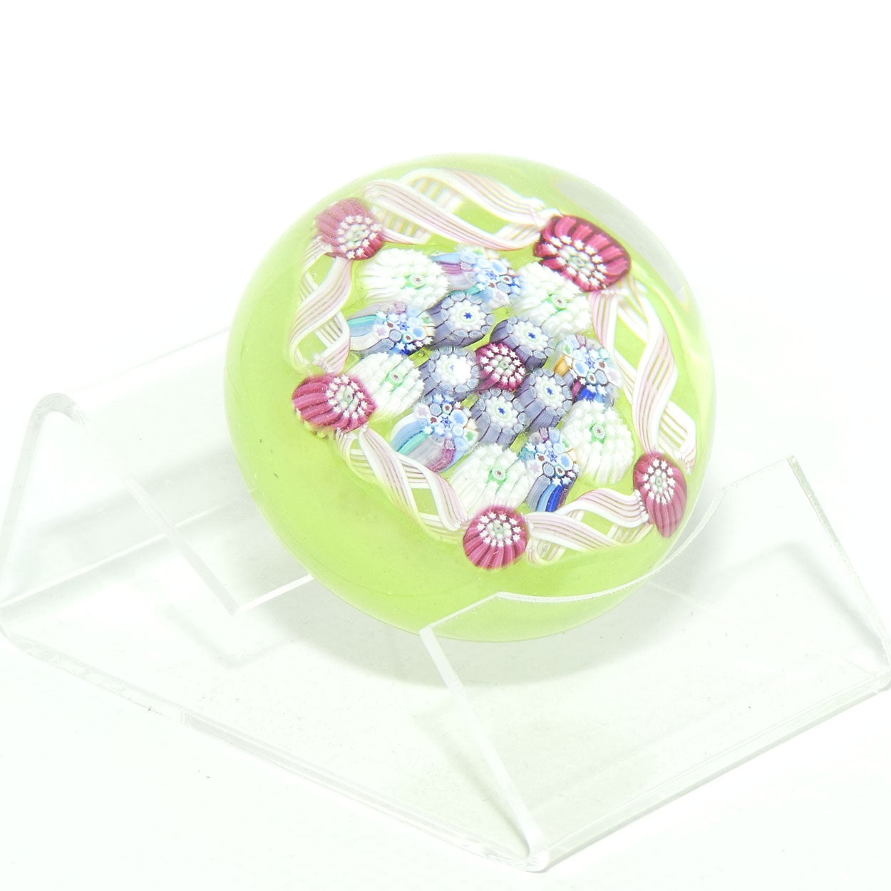 John Deacons Scotland Complex Latticino Garland miniature paperweight | Pear